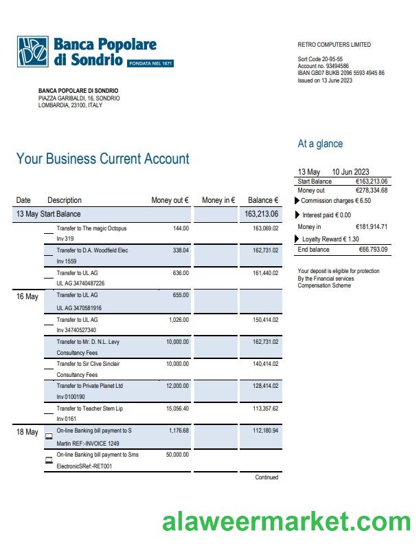 Banca Populaire di Sondrio Business Bank statement Word and PDF template